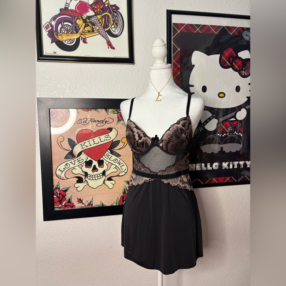 Fredericks of Hollywood Black Lace Babydoll Dress Lingerie Grunge